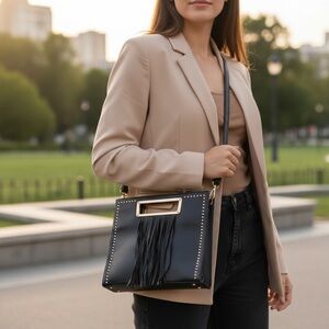 Devina Black Studded Fringe Tote Bag